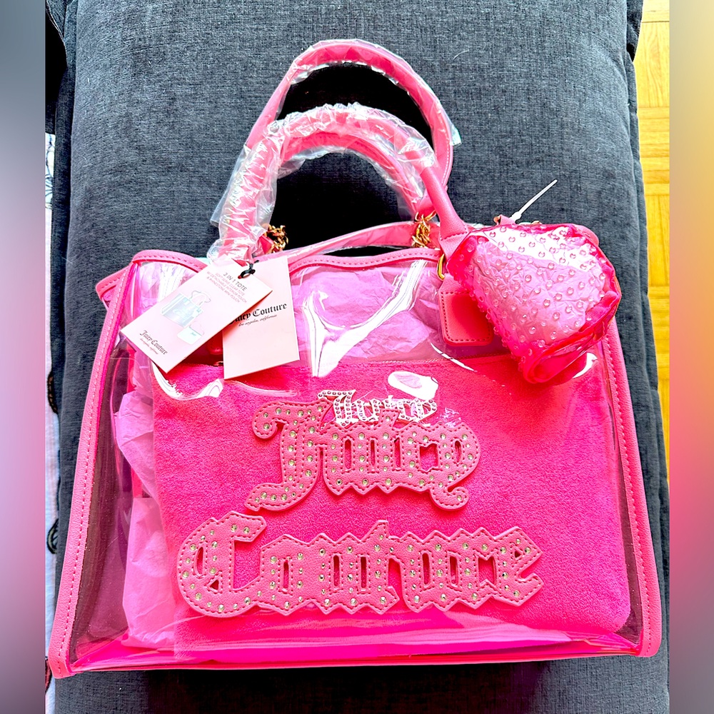 JUICY COUTURE Pink/Clear Weekender Tote/CrossBody 3pc Set  NWT